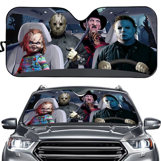Horror Character Car Sunshade, Chucky Jason Freddy Michael Windshield Cover, Slasher Movie Auto Decor, Halloween Chracter Car Cover