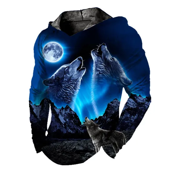 Men's 3D Hoodie with Moon Wolf Graphic, Lightweight Streetwear Hoodie
