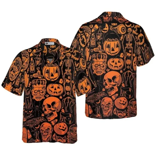 Discover Scary Halloween Monsters Shirt, Spooky Hawaiian Shirt, Creepy Aloha Shirt