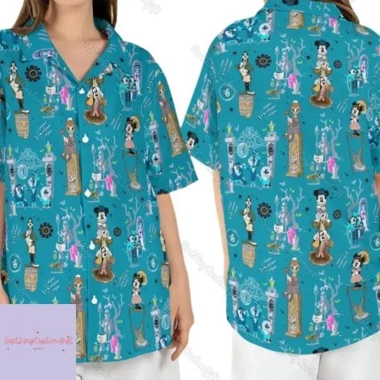 Discover Disney Halloween Haunted Mansion Hawaiian Shirt, Mickey And Friends Button Shirt