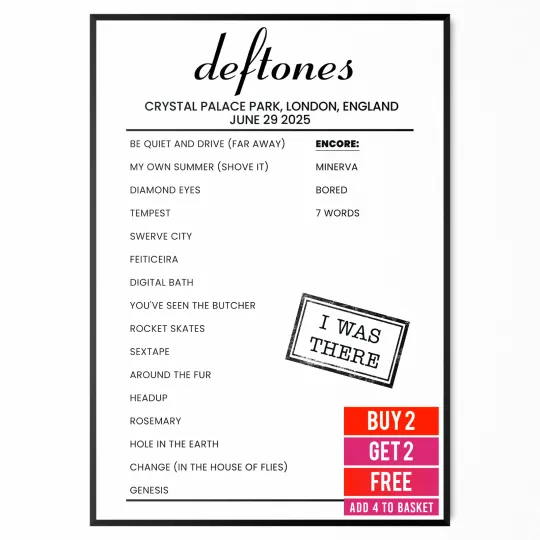 Discover Deftone 2025 Crystal Palace Setlist Poster London UK Arena Tour Vertical Poster
