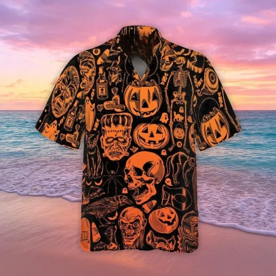 Discover Vintage Halloween Hawaiian Shirt Retro Skull Pumpkin Monster Witch Button Shirt