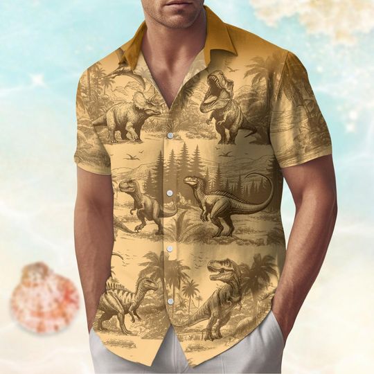 Discover Retro Dinosaur Button Shirt, Dinosaur Hawaiian Men Shirt, Dinosaur Classic Beach Shirt, Vintage Park Vacation Shirt, Animals Summer Tee