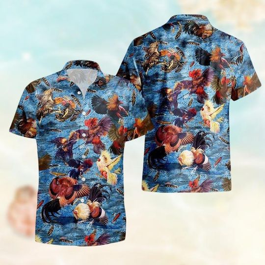 Chicken Rooster Button Shirts, Funny Chicken  Hawaiian Shirt, Beach Shorts Men, Vacation Shirt For Farmer, Summer Trip Clothes