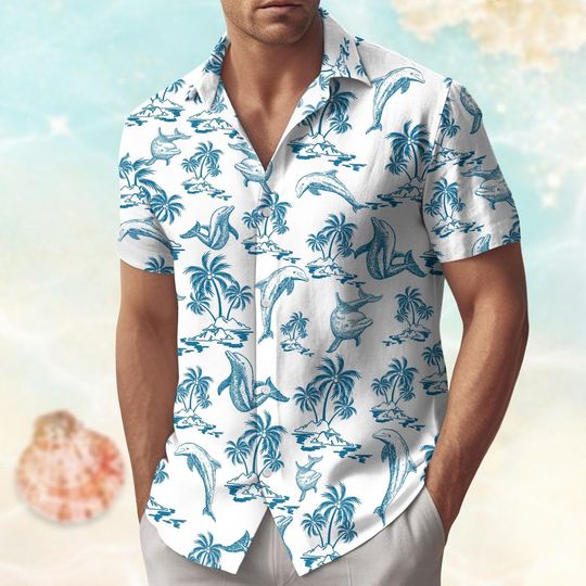 Discover Dolphin Button Up Shirt, Dolphin Hawaiian Shirt, Ocean Life Button Shirt, Tropical Pattern Shirt, Animals Aloha Men Shirt, Dolphin Gift