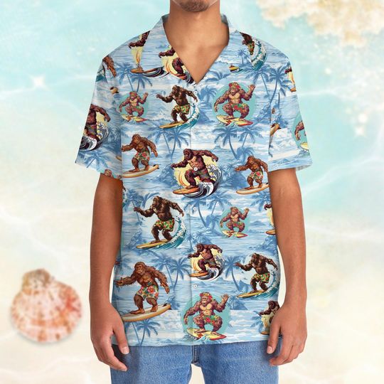Funny Bigfoot Hawaiian Shirt, Sasquatch Surfing Hawaii Tee, Tropical Pattern Vacation Shirt, Aloha Shirt For Group, Beach Party Shirts