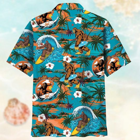 Discover Bigfoot Surfing Hawaiian Shirt, Sasquatch Button Shirt, Funny Bigfoot Beach Shirt, Tropical Aloha Shirt Men, Vacation 2025 Gifts