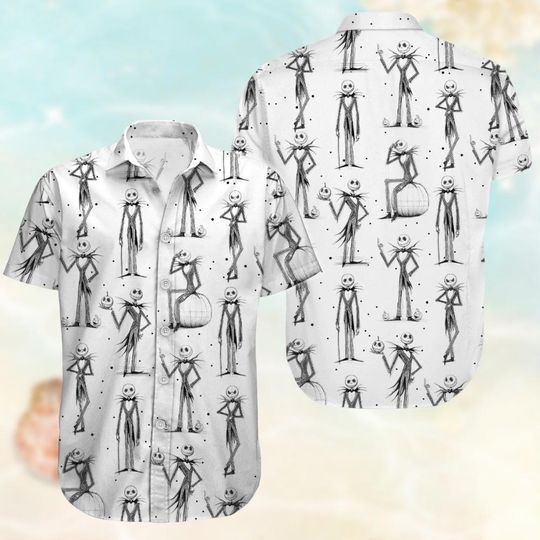 Discover Jack Skellington Button Shirt, Skellington Pumpkin Hawaiian Shirt, Nightmare Before Christmas Beach Shirt, Spooky Hawaii Shirt Men
