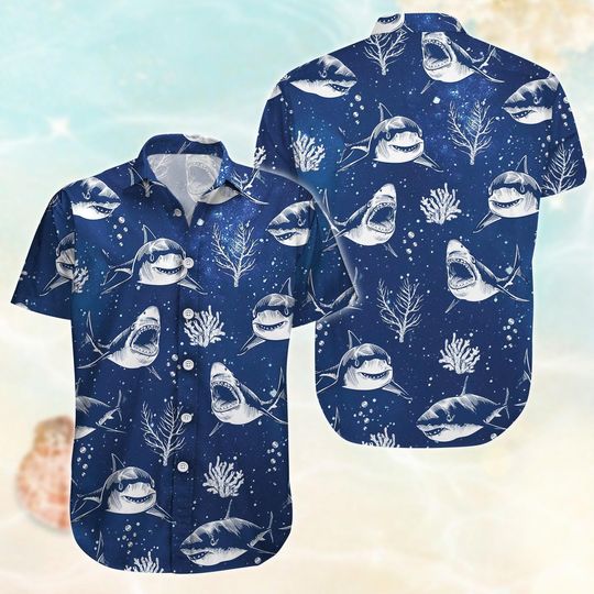 Shark Button Shirt, Deep Ocean Sea Life Hawaiian Shirt, Funny Summer Beach Party Shirt, Blue Ocean Vacation Shirt For Summer 2025