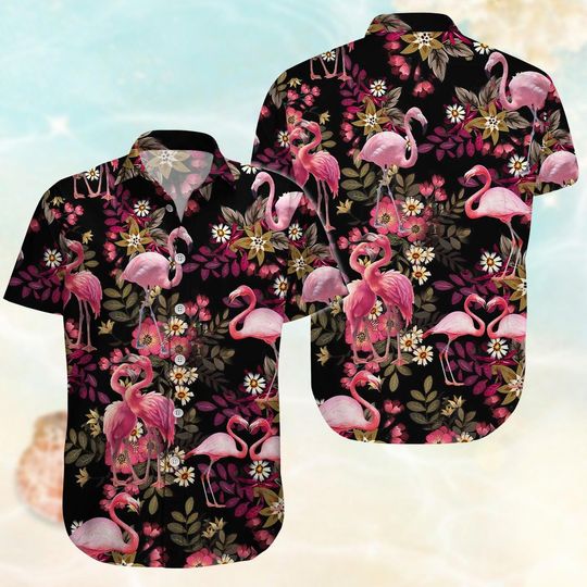 Discover Flamingo Floral Button Shirt, Pink Birds Hawaiian Shirt, Funny Animals Beach Shirt For Family, Flamingo Love Shirt, Gift For Summer