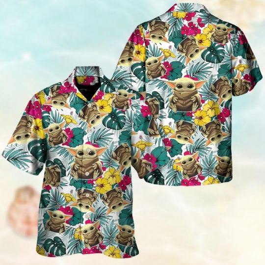 Discover Baby Yoda Hawaiian Shirt, Star Wars Summer Shirt, Yoda Grogu Vacation Shirt, Tropical Aloha Button Shirt, Beach Shirt For Men Women