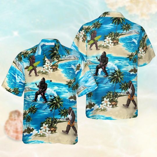 Bigfoot Hawaiian Shirt, Sasquatch Hawaii Shirt Bigfoot Surfing Aloha Shirt For Men, Palm Tree Button Down Shirt, Funny Tropical Tee