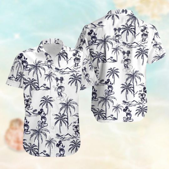 Discover Mickey Mouse Sketch Button Shirt, Disney Mouse Hawaiian Shirt, Palm Tree Island Aloha Shirt, Disneyland Trip Beach Shirt, Summer Gifts