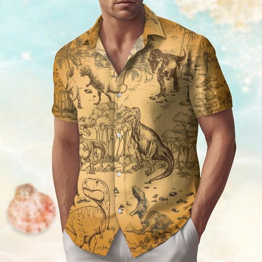 Retro Dinosaur Button Shirt, Dinosaur Hawaiian Shirt, Farmer Beach Shirt, Aloha Shirt For Men Women, Vacation Shirt For Animal Lovers