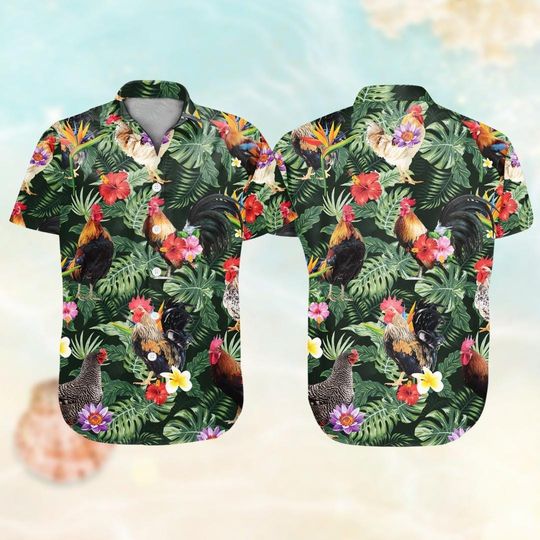 Rooster Chicken Button Shirt, Vacation Shirt For Farmer, Beach Party 2025 Shirt, Tropical Aloha Shirt Men Women, Summer 2025 Gifts