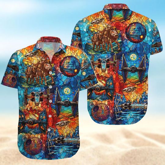 Star Wars Button Shirt, Star Wars Stained Glass Shirt, Space Ship Hawaiian Shirt, Star Wars Fan Shirt Men, Galaxy's Edge Vacation Shirt