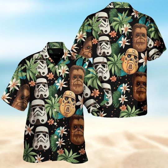 Star Wars Hawaiian Shirt, Chewbacca Hawaii Shirt, Stormtrooper Beach Shirt, Tropical Leaf Aloha Shirt, Star Wars Button Shirt For Fans