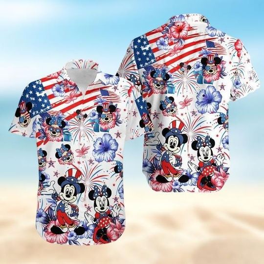 Mickey Mouse USA Flag Button Shirt, Disney 4th Of July Hawaiian Shirt, Disney Vacation Shirt For Summer Holiday, Patriotic Beach Shirt