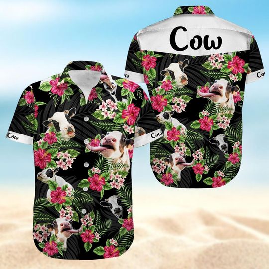 Discover Custom Name Cows Button Shirt, Funny Cow Hawaiian Shirt, Animals Shirt For Beach Trip, Flowers Aloha Shirt Women Men, Summer Outfits