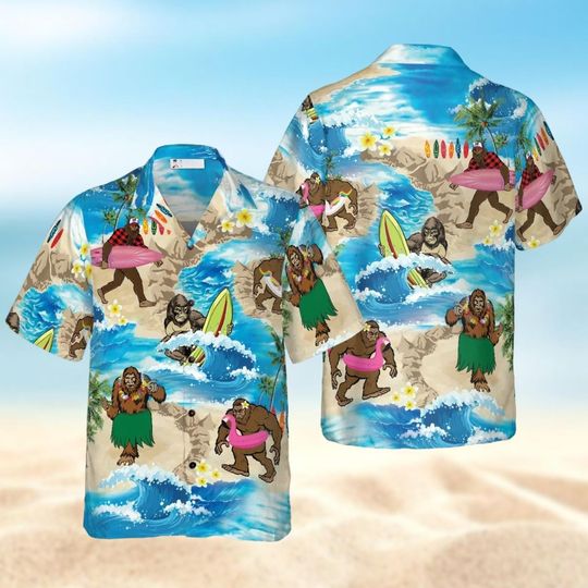 Bigfoot Hawaiian Shirt, Tropical Aloha Wave Surfing Bigfoot Shirt, Sasquatch Hawaii Shirt, Vacation Shirt For Men, Funny Beach Shirts