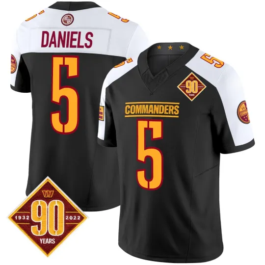 Discover Custom Men's Commanders #5 Daniels Black White 90th Anniversary Stitched Jersey, Fan Gift