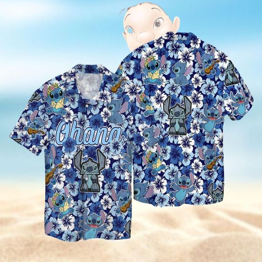 Discover Stitch Ohana Hawaiian Shirt, Lilo & Stitch Button Shirt, Disneyland Beach Shirt, Tropical Pattern Aloha Shirts For Men, Summer Shirt