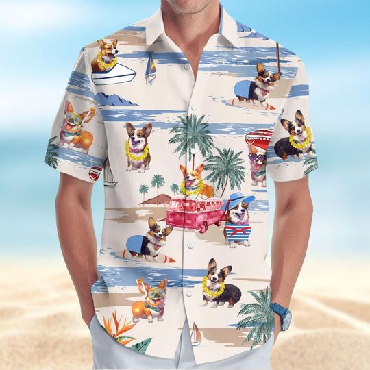 Corgi Button Shirt, Corgi Dog Hawaiian Shirt, Funny Aloha Women Men Shirt, Cute Dog Vacation Shirt For Family Trip, Summer Clothes
