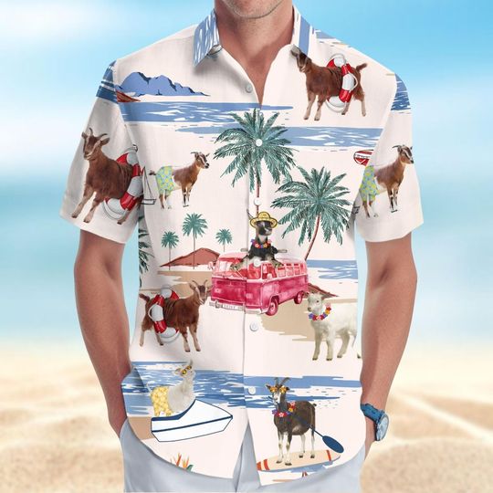 Discover Goat Button Shirt, Goat Hawaiian Shirt, Funny Animal Vacation Shirt, Farmer Aloha Shirt, Summer Short Sleeve Shirt, Gift For Goat Lover
