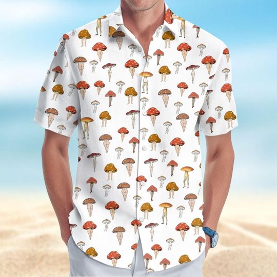Discover Mushroom Button Shirt, Mushroom Hawaiian Shirt, Nature Love Beach Shirt, Botanical Shirt, Mushroom Collector Shirt, Summer Gifts