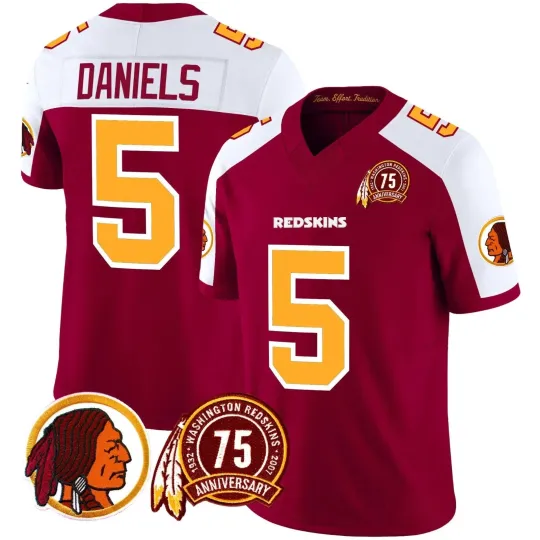 Discover Custom #5 Daniels Burgundy Alternate With 75th Patch Stitched Commanders Jersey, Fan Gift