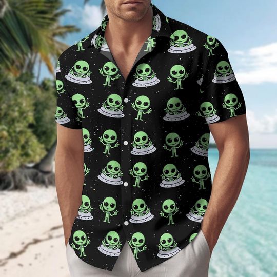 Alien UFO Hawaiian Shirt, Sapceship Button Up Shirt, Tropical Beach Shirt, Alien Merch Outfit