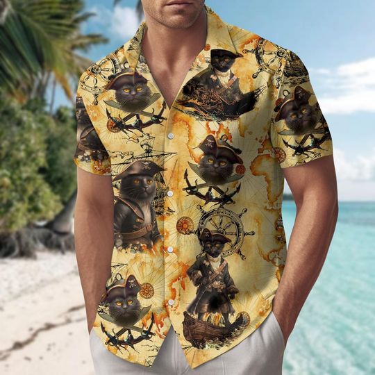 Discover Black Cat Pirate Hawaiian Shirt, Spooky Cat Button Up Shirt, Halloween Cat Shirt For Men, Horror Cat Shirt