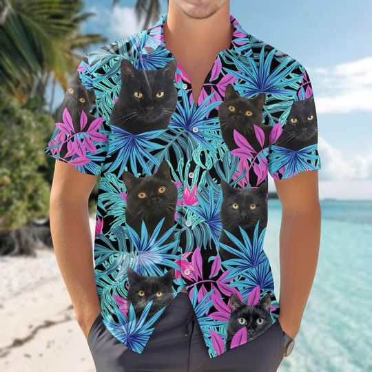 Discover Halloween Black Cat Button Up Shirt, Spooky Cat Hawaiian Shirt, Cat Lover Gift, Tropical Beach Shirt, Gift For Him