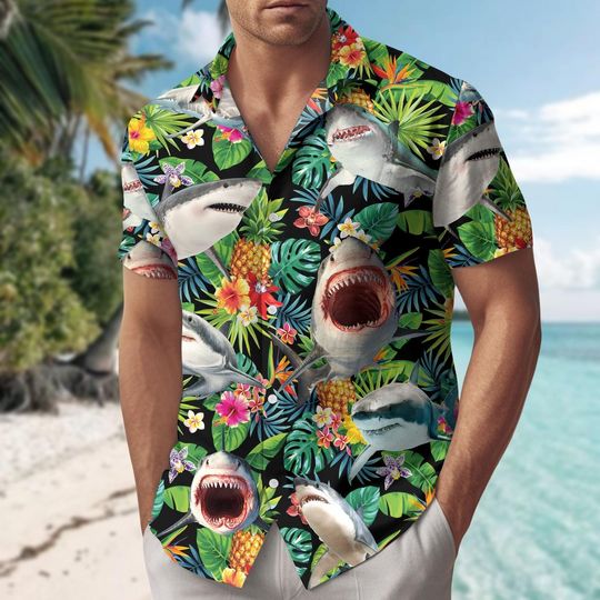 Shark Tropical Hawaiian Shirt, Shark Attack Button Up Shirt, Shark Lover Gift, Tropical Beach Shirt, Sea Life Shirt