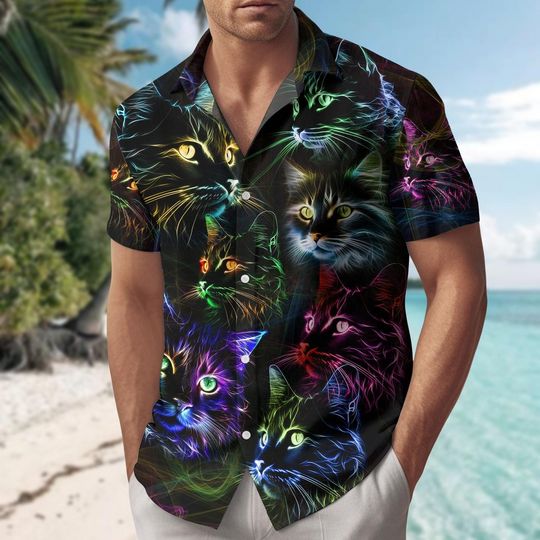 Cat Neon Hawaiian Shirt, Black Cat Button Up Shirt, Cat Lover Gift, Tropical Beach Shirt, Cat Mom Shirt