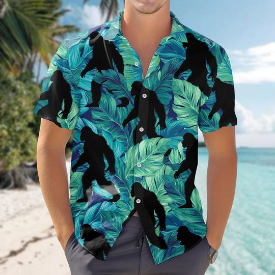 Discover Bigfoot Button Shirt, Tropical Bigfoot Hawaiian Shirt, Sasquatch Shirt For Men, Hiking Shirt, Gift For Him