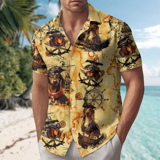 Dachshund Pirate Button Shirt, Dog Pirate Hawaiian Shirt, Pets Lover Button Up Shirt, Halloween Shirt For Men