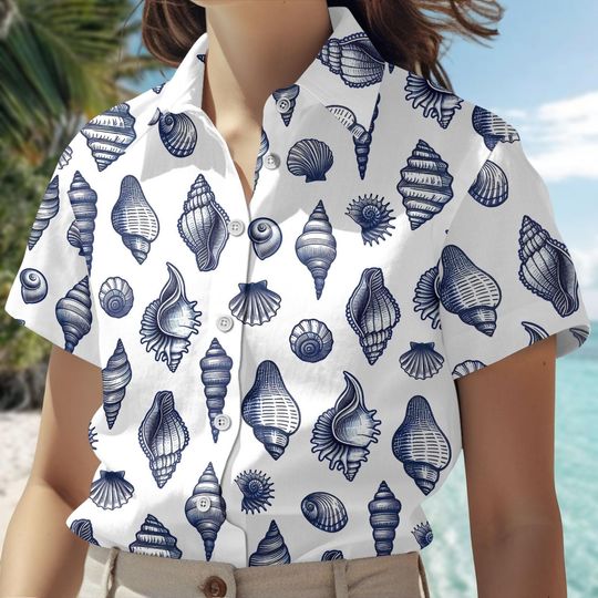 Discover Sea Shells Button Shirt, Ocean Animal Hawaii Shirt, Sea Lovers Shirt, Summer Ocean Shirts, Cute Sea Animal Shirt