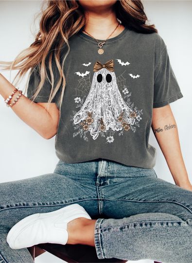 Discover Halloween Lace Ghost Sweatshirt, Spooky Coquette T-Shirt Girly Ghost Orange Bow T Shirt