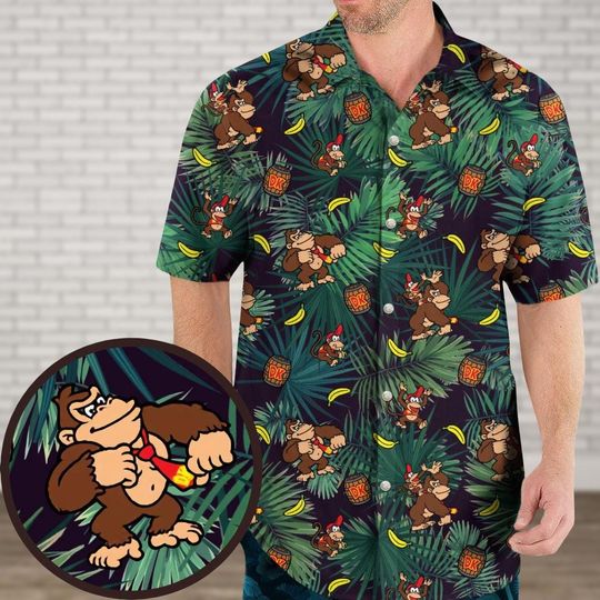 Donkey Kong Button Shirt, Super Mario Character Hawaiian Shirt, Gaming Summer Beach Shirt, Video Game Tropical Shirt, Vacation Shirt