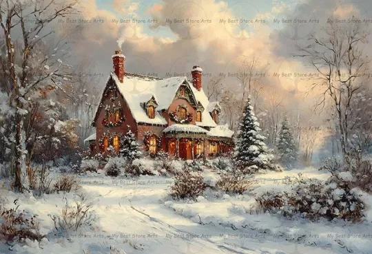 Discover Winter Cottage Art Print, Rustic House Home Decor