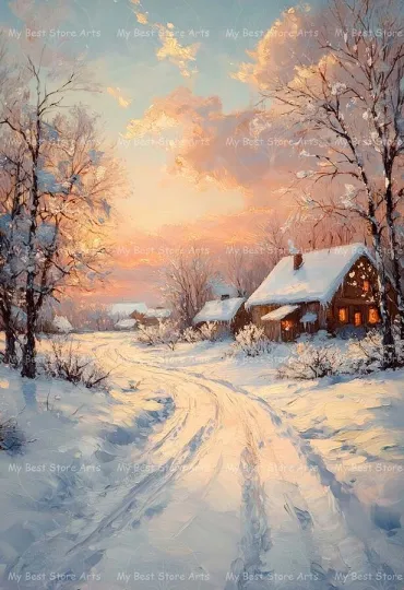 Winter Village Art Print, Snowy Cottage Home Decor, Holiday Painting Poster