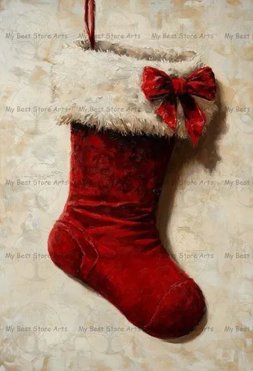 Discover Red Christmas Stocking Art Print, Winter Home Decor