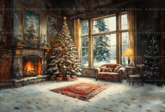 Christmas Tree and Fireplace Art Print, Winter Home Decor