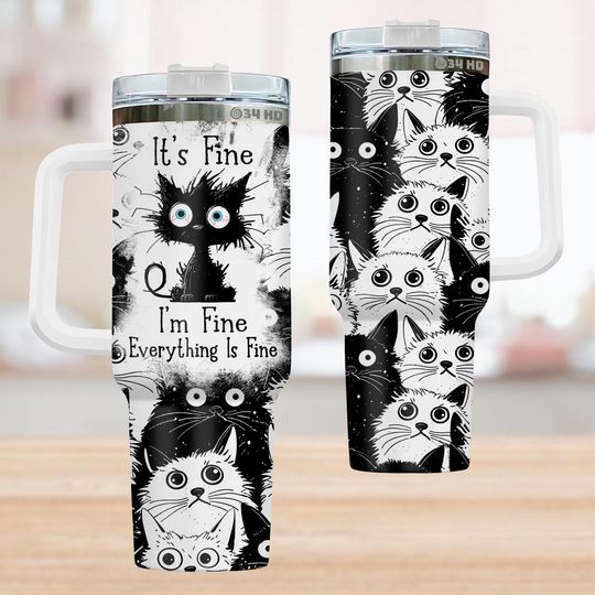 Discover Funny Cat 40Oz Tumbler, Crazy Cat Coffee Tumbler, It'S Fine I'M Fine Cup, Cute Cat Tumbler, Gift For Pet Lovers