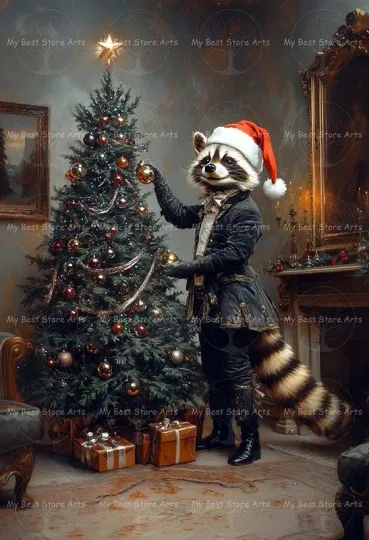 Raccoon Decorating Tree Art Print Christmas Santa Hat Vertical Poster