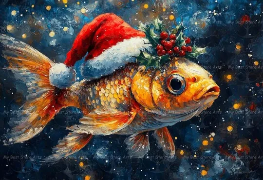 Santa Hat Goldfish Art Print - Fish Christmas Wall Decor - Holiday Poster
