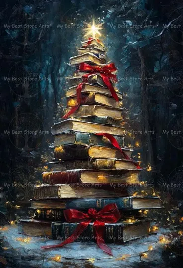 Discover Christmas Tree Art Print, Library Home Decor, Holiday Vertical Poster