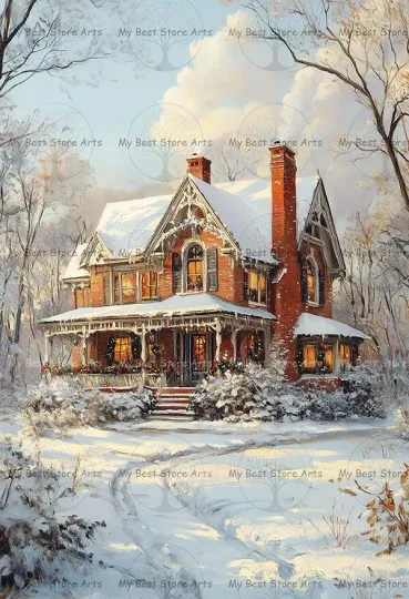 Winter Cottage Art Print, Rustic House Home Decor