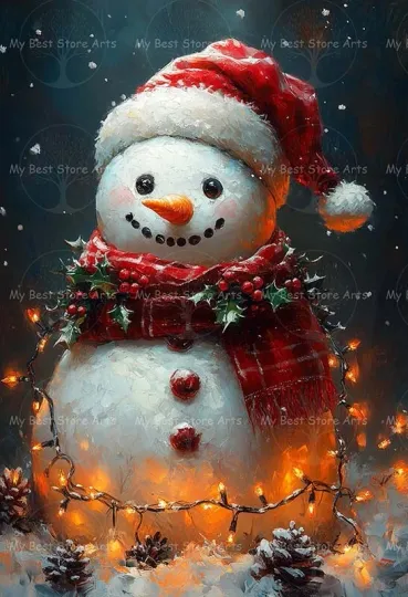 Snowman Santa Hat Art Print, Christmas Holiday Poster